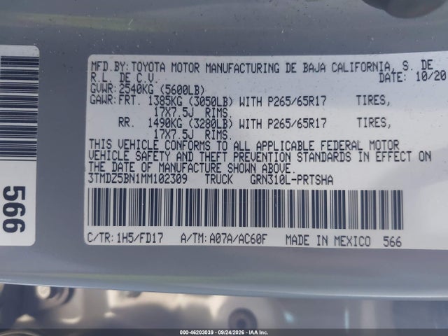 Продажа на аукционе авто 2021 Toyota Tacoma, vin: 3TMDZ5BN1MM102309, номер лота: 46203039