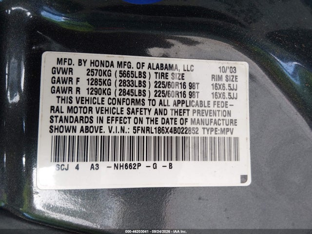 2004 Honda Odyssey Ex მანქანა იყიდება აუქციონზე, vin: 5FNRL186X4B022852, აუქციონის ნომერი: 46203041