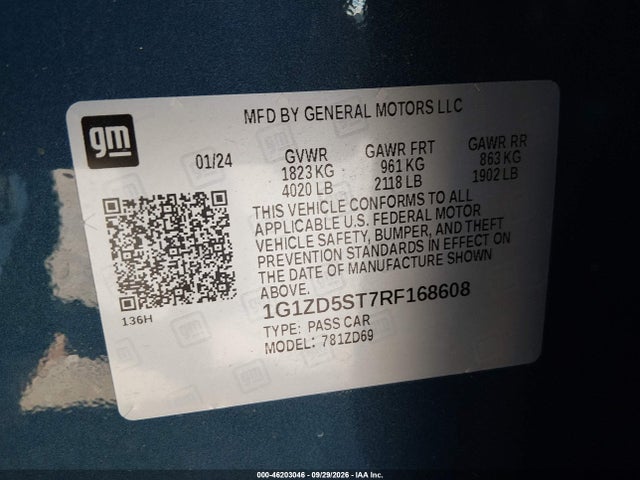 Продажа на аукционе авто 2024 Chevrolet Malibu Fwd 1lt, vin: 1G1ZD5ST7RF168608, номер лота: 46203046