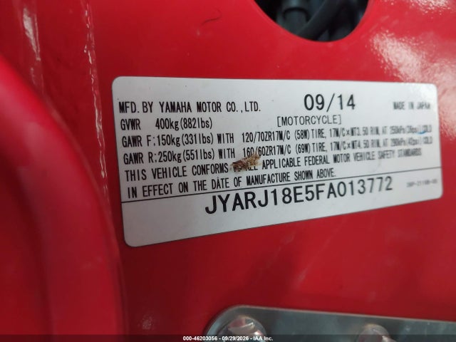 Продажа на аукционе авто 2015 Yamaha Fz6 R, vin: JYARJ18E5FA013772, номер лота: 46203056