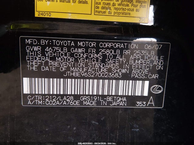 Aukcja sprzedaży 2007 Lexus Gs 350, vin: JTHBE96S270023683, numer aukcji: 46203083