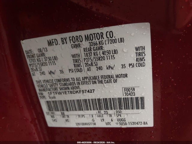 Aukcja sprzedaży 2013 Ford F-150 Lariat, vin: 1FTFW1ET8DKF57427, numer aukcji: 46203086