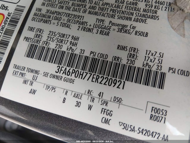 2014 Ford Fusion Se მანქანა იყიდება აუქციონზე, vin: 3FA6P0H77ER220921, აუქციონის ნომერი: 46203089