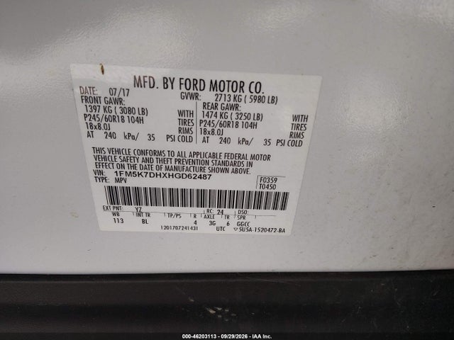 Продажа на аукционе авто 2017 Ford Explorer Xlt, vin: 1FM5K7DHXHGD62487, номер лота: 46203113