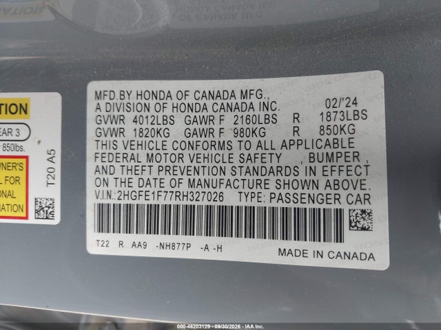 Продаж на аукціоні авто 2024 Honda Civic Ex, vin: 2HGFE1F77RH327026, номер лоту: 46203129