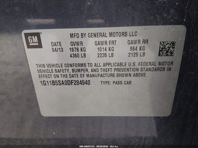 46203133 :رقم المزاد ، 1G11B5SA0DF284940 vin ، 2013 Chevrolet Malibu Ls مزاد بيع
