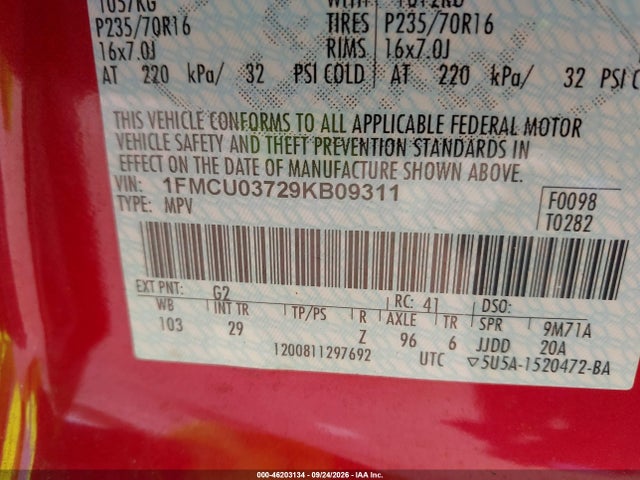 46203134 :رقم المزاد ، 1FMCU03729KB09311 vin ، 2009 Ford Escape Xlt مزاد بيع