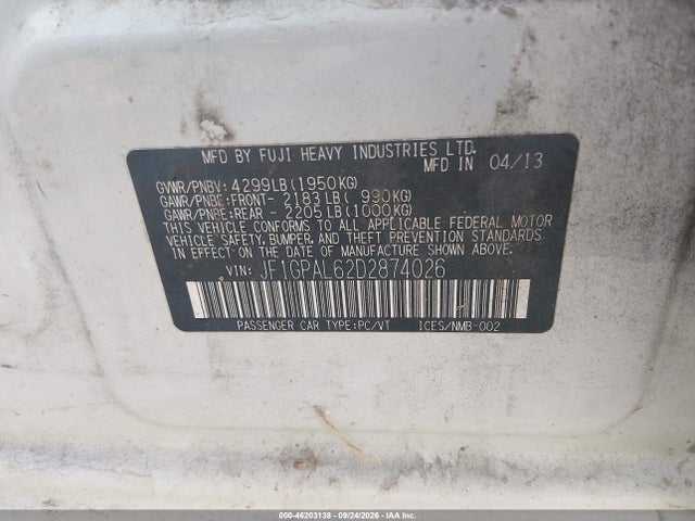 46203138 :رقم المزاد ، JF1GPAL62D2874026 vin ، 2013 Subaru Impreza Wagon 2.0i Sport Premium مزاد بيع