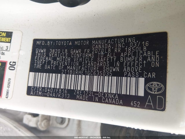 Toyota COROLLA LE 2016 2T1BURHE1GC635035 Image 9