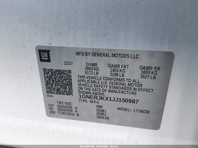 Aukcja sprzedaży 2018 Chevrolet Traverse Rs, vin: 1GNERJKX1JJ150987, numer aukcji: 46203165