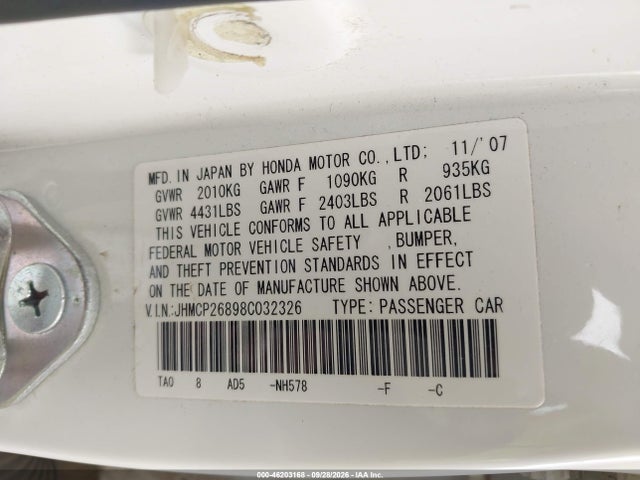 Продаж на аукціоні авто 2008 Honda Accord 2.4 Ex-l, vin: JHMCP26898C032326, номер лоту: 46203168