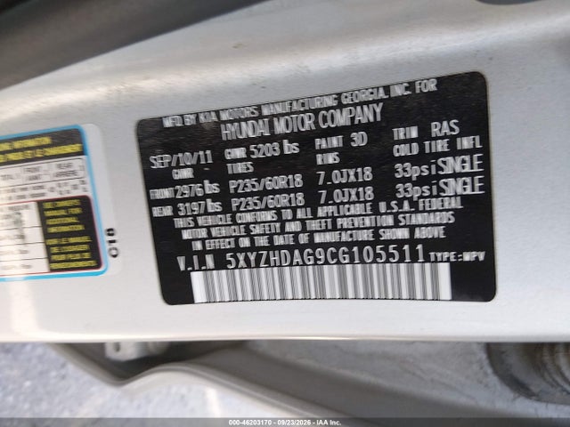 Aukcja sprzedaży 2012 Hyundai Santa Fe Se, vin: 5XYZHDAG9CG105511, numer aukcji: 46203170