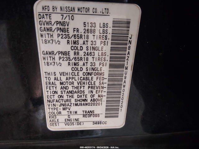 Aukcja sprzedaży 2010 Nissan Murano Sl, vin: JN8AZ1MU9AW020201, numer aukcji: 46203174
