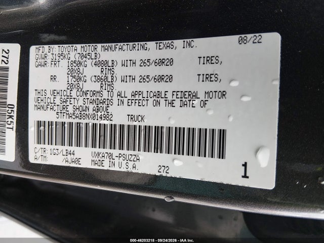 46203218 :رقم المزاد ، 5TFMA5AB8NX014982 vin ، 2022 Toyota Tundra 2wd 1794 Edition مزاد بيع
