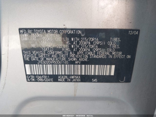 Aukcja sprzedaży 2005 Toyota Rav4, vin: JTEGD20V950061165, numer aukcji: 46203221