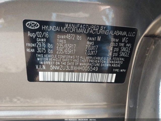 Продаж на аукціоні авто 2017 Hyundai Santa Fe Deportivo 2.4l, vin: 5NMZU3LBXHH005549, номер лоту: 46203223