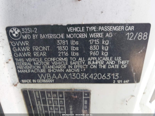 Auction sale of the 1989 Bmw 325 I/is, vin: WBAAA1303K4206313, lot number: 46203225