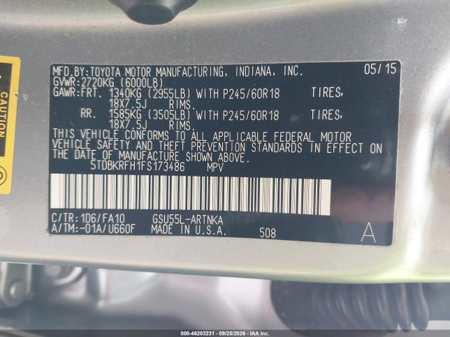 Aukcja sprzedaży 2015 Toyota Highlander Le Plus V6, vin: 5TDBKRFH1FS173486, numer aukcji: 46203231
