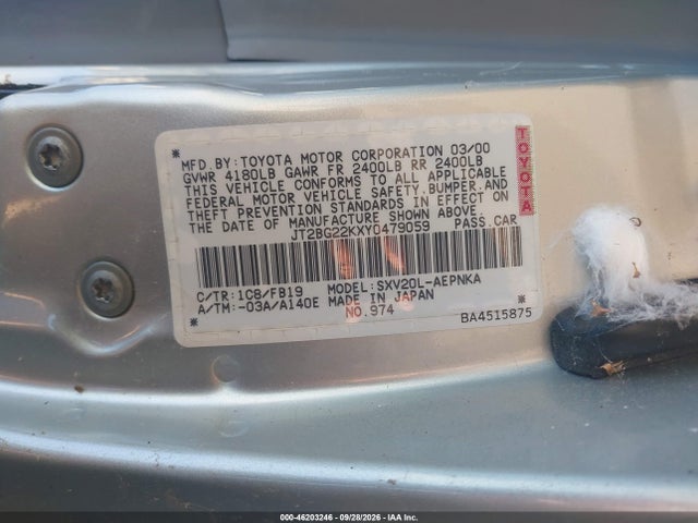 Продаж на аукціоні авто 2000 Toyota Camry Le, vin: JT2BG22KXY0479059, номер лоту: 46203246