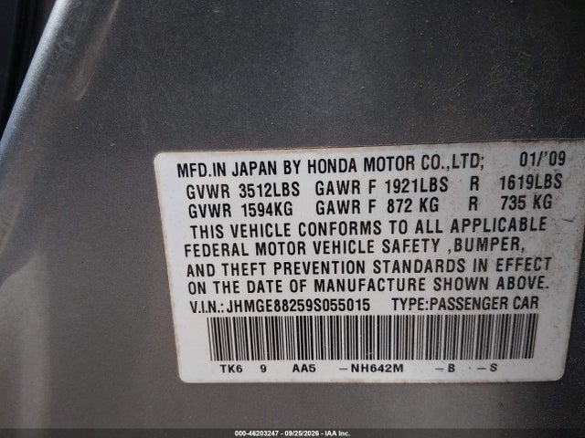 46203247 :رقم المزاد ، JHMGE88259S055015 vin ، 2009 Honda Fit مزاد بيع