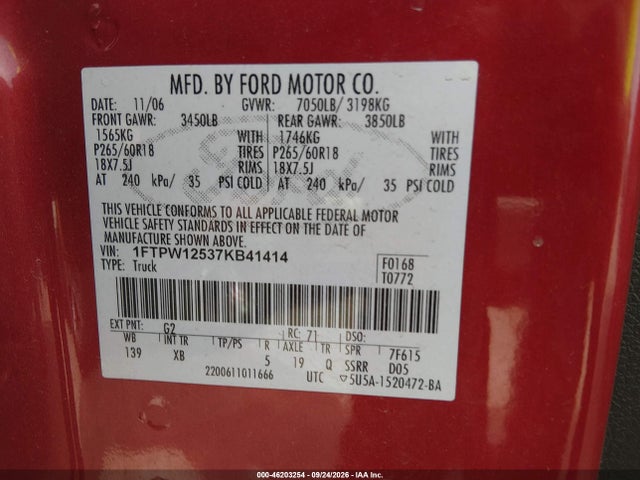 Aukcja sprzedaży 2007 Ford F-150 King Ranch/lariat/xlt, vin: 1FTPW12537KB41414, numer aukcji: 46203254