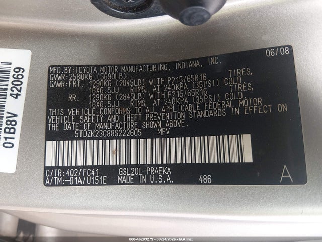 46203279 :رقم المزاد ، 5TDZK23C88S222605 vin ، 2008 Toyota Sienna Le مزاد بيع