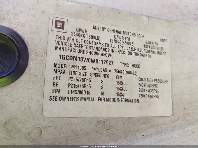 Aukcja sprzedaży 1998 Chevrolet Astro, vin: 1GCDM19W0WB112927, numer aukcji: 46203295
