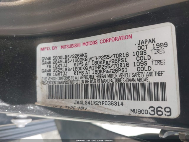 Aukcja sprzedaży 2000 Mitsubishi Montero Sport Ltd, vin: JA4LS41R2YP036314, numer aukcji: 46203322