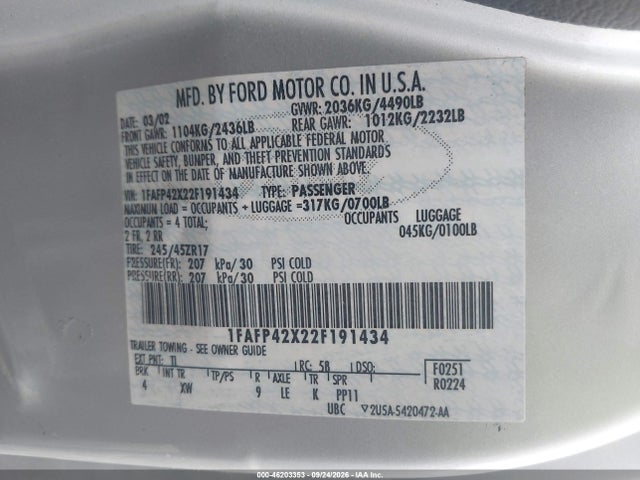 2002 Ford Mustang Gt Deluxe/gt Premium მანქანა იყიდება აუქციონზე, vin: 1FAFP42X22F191434, აუქციონის ნომერი: 46203353