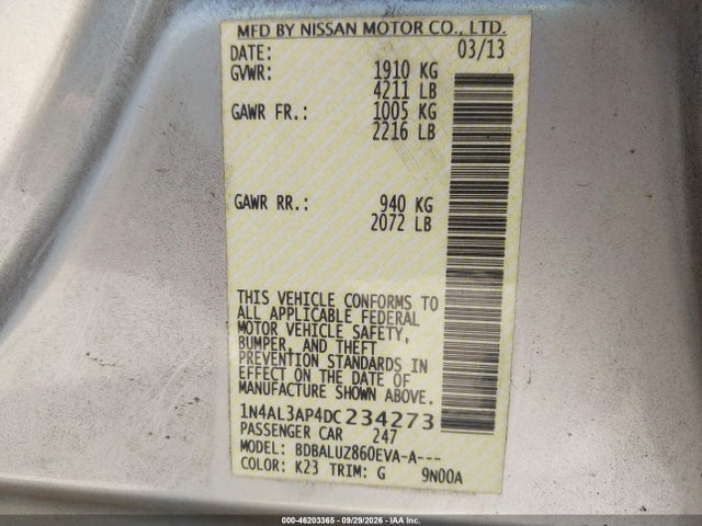 Aukcja sprzedaży 2013 Nissan Altima 2.5 Sv, vin: 1N4AL3AP4DC234273, numer aukcji: 46203365