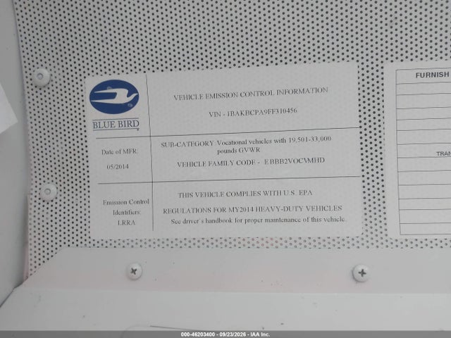 Продаж на аукціоні авто 2015 Blue Bird School Bus / Transit Bus, vin: 1BAKBCPA9FF310456, номер лоту: 46203400