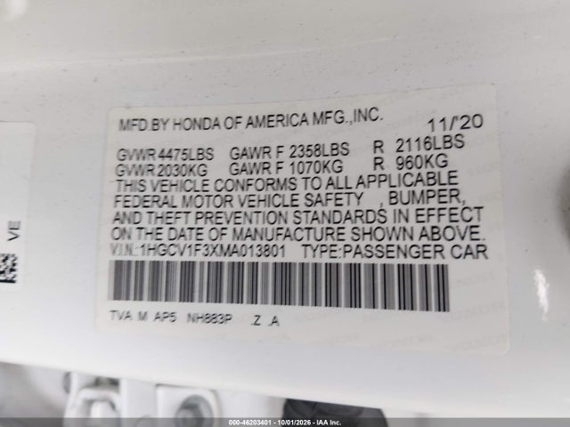 Aukcja sprzedaży 2021 Honda Accord Sport, vin: 1HGCV1F3XMA013801, numer aukcji: 46203401