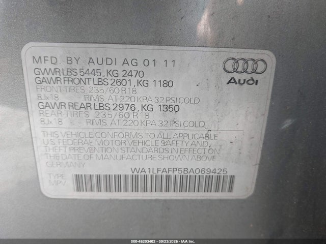 Aukcja sprzedaży 2011 Audi Q5 2.0t Premium, vin: WA1LFAFP5BA069425, numer aukcji: 46203402