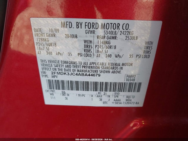 46203414 :رقم المزاد ، 2FMDK3JC4ABA44679 vin ، 2010 Ford Edge Sel مزاد بيع