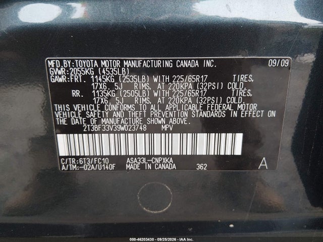 Aukcja sprzedaży 2009 Toyota Rav4, vin: 2T3BF33V39W023748, numer aukcji: 46203430