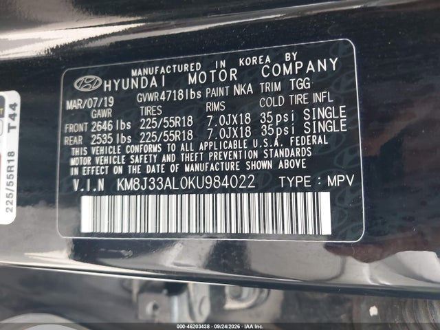2019 Hyundai Tucson Sel მანქანა იყიდება აუქციონზე, vin: KM8J33AL0KU984022, აუქციონის ნომერი: 46203438