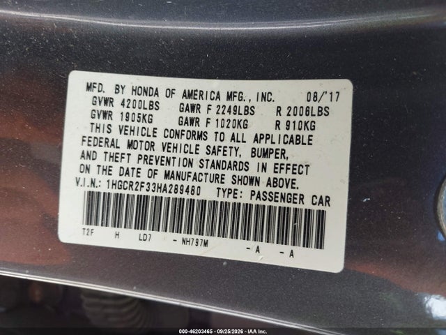 Honda ACCORD LX 2017 1HGCR2F33HA289480 Image 9