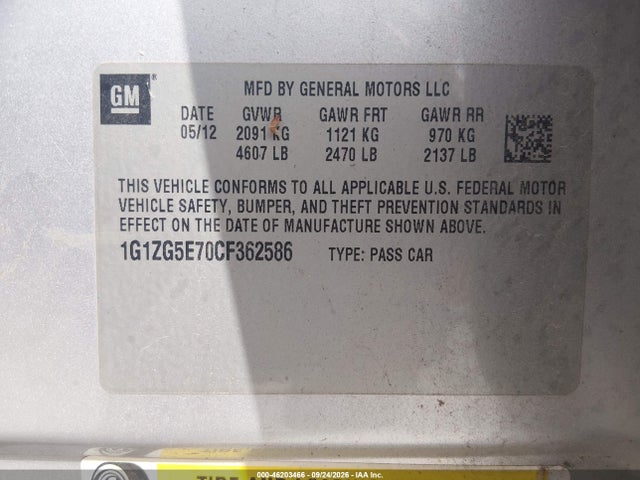 Продаж на аукціоні авто 2012 Chevrolet Malibu 2lz, vin: 1G1ZG5E70CF362586, номер лоту: 46203466
