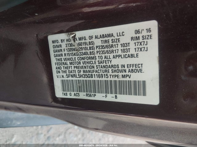 Aukcja sprzedaży 2016 Honda Odyssey Se, vin: 5FNRL5H35GB116915, numer aukcji: 46203474