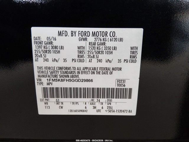 Ford Explorer Limited 2016 1FM5K8FH5GGD29866 Image 9