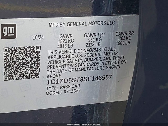 Продажа на аукционе авто 2025 Chevrolet Malibu Fwd 1lt, vin: 1G1ZD5ST8SF146557, номер лота: 46203492