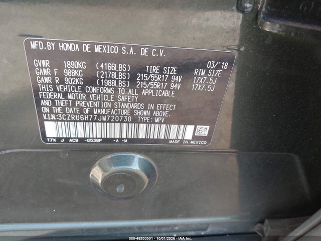 Aukcja sprzedaży 2018 Honda Hr-v Ex-l, vin: 3CZRU6H77JM720730, numer aukcji: 46203501