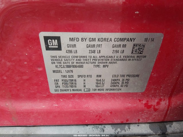 Продаж на аукціоні авто 2015 Chevrolet Trax Lt, vin: KL7CJLSB8FB064680, номер лоту: 46203503