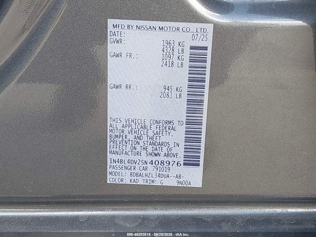 Продажа на аукционе авто 2025 Nissan Altima Sv Fwd, vin: 1N4BL4DV2SN408976, номер лота: 46203515