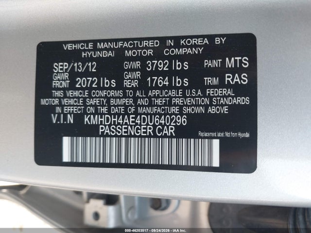 2013 Hyundai Elantra Gls მანქანა იყიდება აუქციონზე, vin: KMHDH4AE4DU640296, აუქციონის ნომერი: 46203517