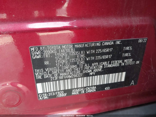46203522 :رقم المزاد ، 2T3F1RFV4NW298327 vin ، 2022 Toyota Rav4 Le مزاد بيع