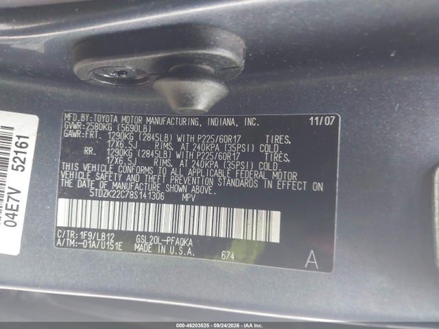 Продаж на аукціоні авто 2008 Toyota Sienna Xle Ltd, vin: 5TDZK22C78S141306, номер лоту: 46203525