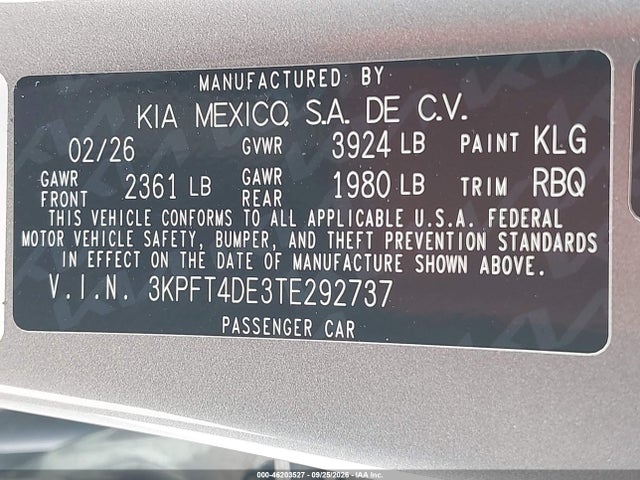 Aukcja sprzedaży 2026 Kia K4 Lxs, vin: 3KPFT4DE3TE292737, numer aukcji: 46203527