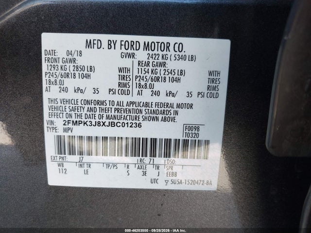 Продажа на аукционе авто 2018 Ford Edge Sel, vin: 2FMPK3J8XJBC01236, номер лота: 46203550