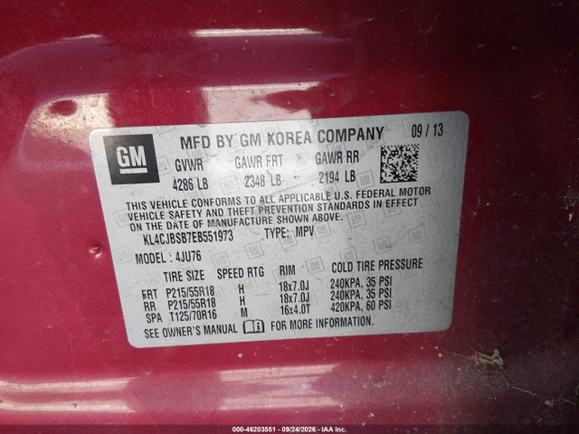 2014 Buick Encore Convenience მანქანა იყიდება აუქციონზე, vin: KL4CJBSB7EB551973, აუქციონის ნომერი: 46203551